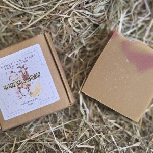 Cardboard box with a label reading Banana Goat Goats Milk Body Soap placed on straw next to a torn gold pink packaging