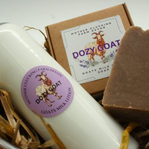 **Dozy Goat** – A handcrafted goat's milk soap made with raw milk from our own herd, blended with olive oil, shea butter, coconut oil, and castor oil, and infused with the calming scents of English lavender, tonka bean, and myrrh. Perfect for soothing and relaxing the skin.