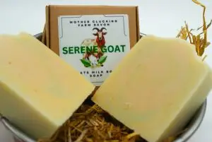 Alt Text A handcrafted bar of Serene Goat soap from Mother Clucking Farm made with raw goats milk and infused with the soothing scent of neroli This nourishing soap calms sensitive skin and promotes relaxation